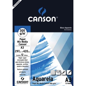 BLOCO AQUARELA BRANCO A3 300G/M² COM 12 FOLHAS CANSON