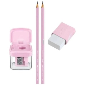 KIT ESCOLAR ROSA PASTEL 2 LÁPIS PRETO+APONTADOR+BORRACHA FABER CASTELL